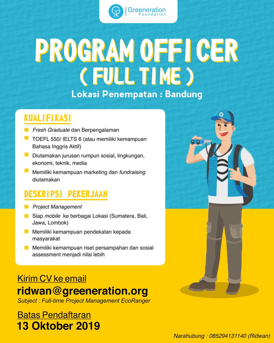 greenerationid's tweet image. Ayo Gabung EcoRanger!
Jangan lewatkan kesempatan ini, untuk bergabung dengan tim keren EcoRanger, kirim CV kamu ke email ridwan@greeneration.org
Batas pendaftaran 13 Oktober 2019.

#GreenerationFoundation
#EcoRanger
#Hiring
#JobVacancy