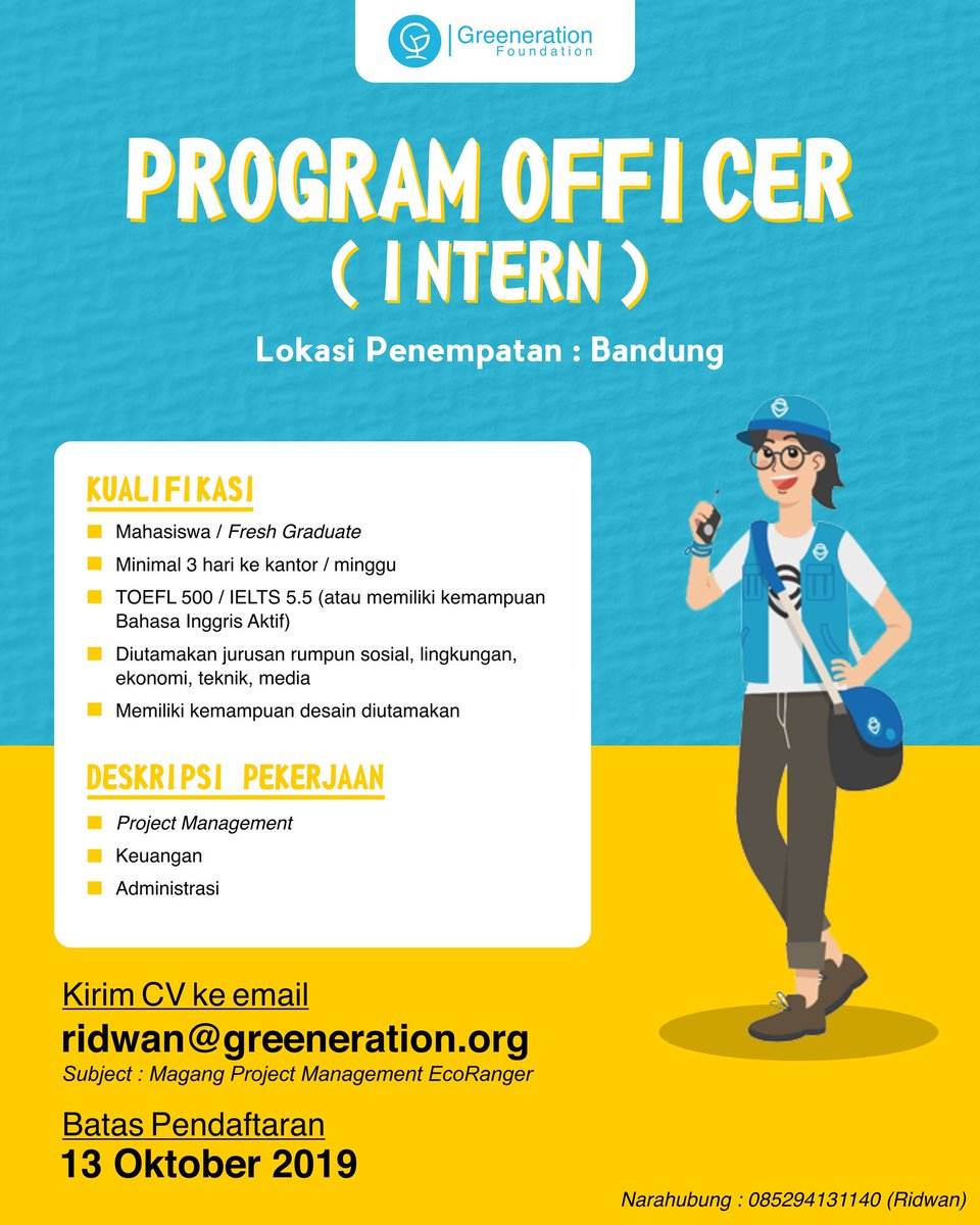 greenerationid's tweet image. Ayo Gabung EcoRanger!
Jangan lewatkan kesempatan ini, untuk bergabung dengan tim keren EcoRanger, kirim CV kamu ke email ridwan@greeneration.org
Batas pendaftaran 13 Oktober 2019.

#GreenerationFoundation
#EcoRanger
#Hiring
#JobVacancy