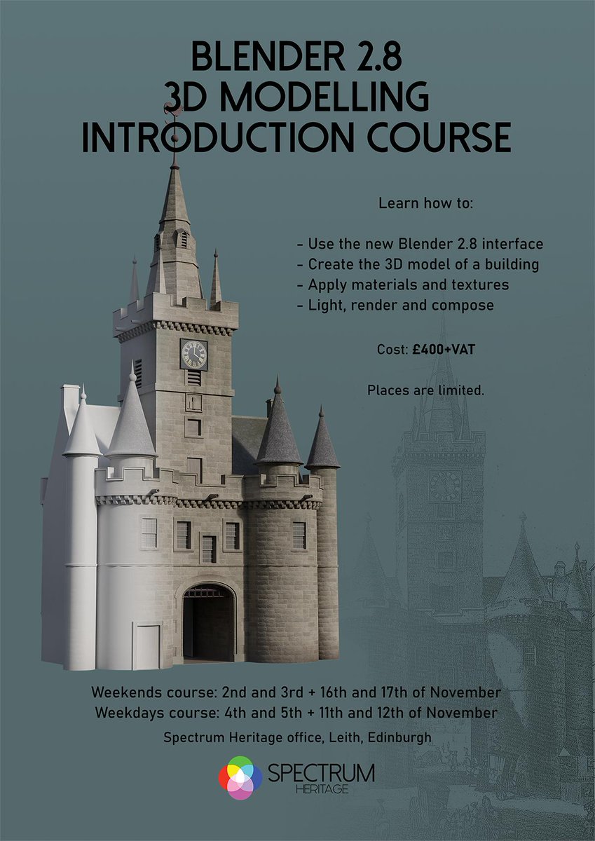 Book your place on our #Blender 2.8 3D Modelling Introduction Course now! More information on our website: spectrumheritage.com/3d-modelling-b… #3Dmodelling #Blender3D #BlenderCourse