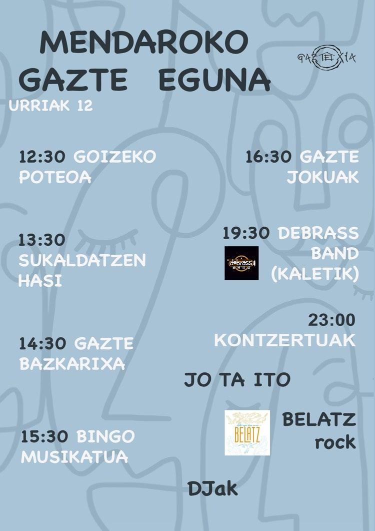 Kaixo denoi!!!
Zapatu honetan mendaroko gazte egunean izango gea atzaldeko poteua alaitzeko intentzio danekin.
Beraz badakizue, Animatu!!!