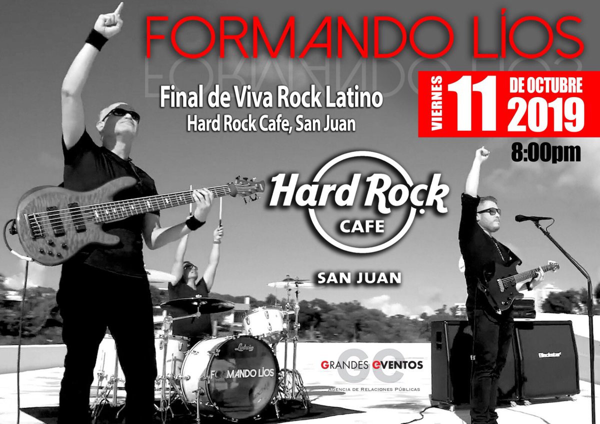 formandolios's tweet photo. A pocos días de formar el lío en @hardrockcafesj. Este viernes, 11 de octubre en la final de #vivarocklatino. Únete a este lío. @GEVENTOSPR  #formandolios #vivarocklatino2019 https://t.co/L8pAGp6cQU