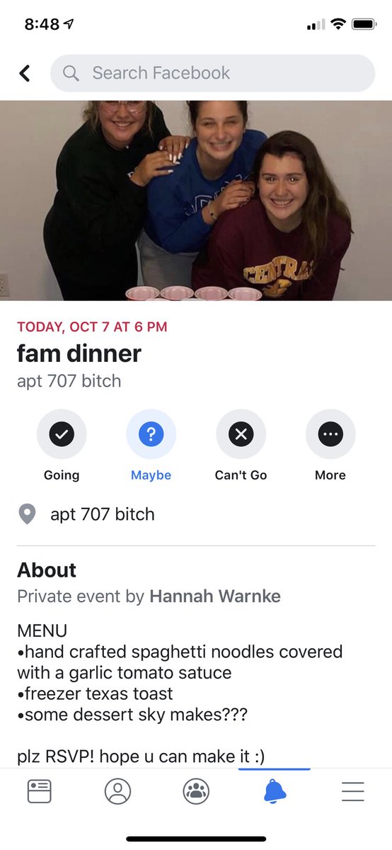 HannahMentor's tweet photo. *makes a facebook event for our three person family dinner* 
 looking to return my mentee https://t.co/EnBujvA622