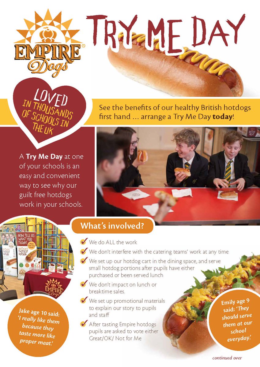 EmpireDogsUK's tweet photo. Run an Empire 'Try Me Day' in your school. All we need from you is: the name of the school, a date to run the Try Me Day and we'll do the rest!
Following a Try Me Day Emily age 9 said: ‘They should serve them at our school everyday.’ https://t.co/ALzzNUXUXr