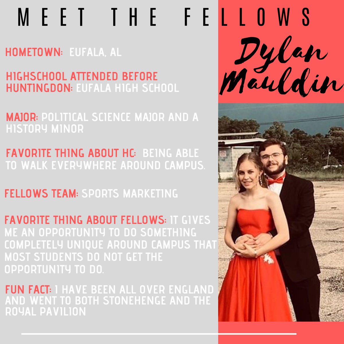 MEET THE FELLOWS|| Get to know more about your Huntingdon College Presidential Fellows! Today, we are highlighting Dylan Mauldin.