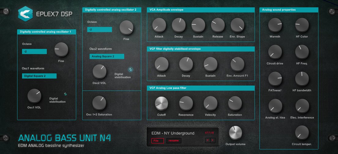 Eplex7DSP's tweet photo. Hello friends, new 64-bit WIN update of Analog Bass Unit N4 synthesizer 🎹 is here! Free for all existing users ⭐️ https://t.co/7qgs4jPMMk #vsti #vstiplugin #vstplugin #synthesizer #bassline #basses #basslinesynthesizer #64bit https://t.co/4cbpqqx5fO