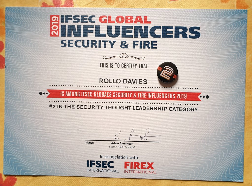 SecurityRollo's tweet photo. Just when I thought I'd imagined the whole thing, this arrived! Thank you to @ifsecglobal @IFSEC and the international judges for the huge accolade. 
I share this with Mike O'Sullivan.
🙏
NB: The "2" Badge was courtesy of my Wife who made me wear it to work.... for 2 months!😳 https://t.co/bnLbU7WVHu