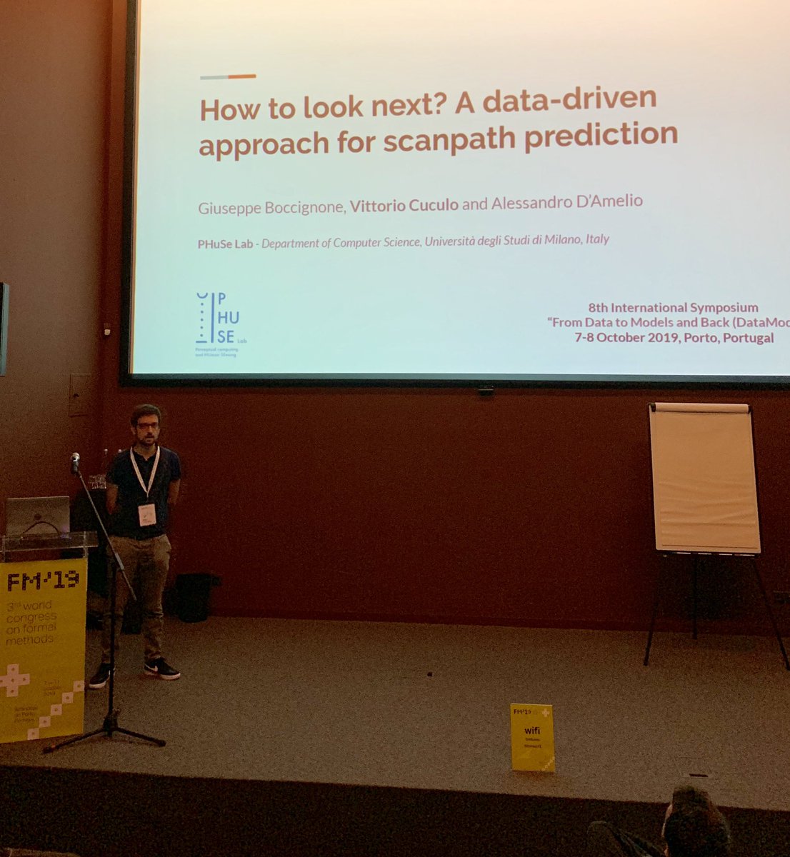 Data2ModelsBack's tweet image. Vittorio Cuculo @vcuculo presenting his #DataMod19 paper “How to look next? A data-driven approach for #ScanpathPrediction” - joint work with Giuseppe Boccignone and Alessandro D'Amelio #EyeTracking #AttentionMap #GazeDynamics #Scanpath
@phuselab @formalmethods19