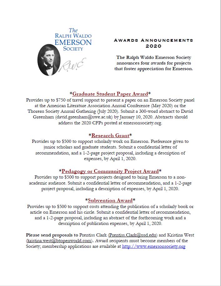 EmersonSociety's tweet photo. Dear Friends, it's Annual Awards time: Graduate Student Paper Award, Research Grant, Pedagogy or Community Project Award, and Subvention Award. https://t.co/DIKSBCTMc7
