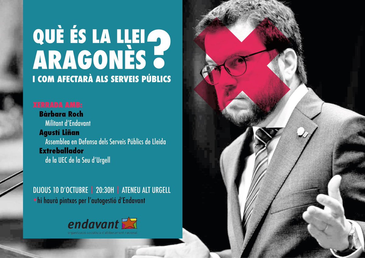 Xerrada sobre la llei de privatització dels serveis públics, coneguda com #LleiAragonès

📅 Dijous 10 d'octubre a les 20.30h
📍 Ateneu Alt Urgell