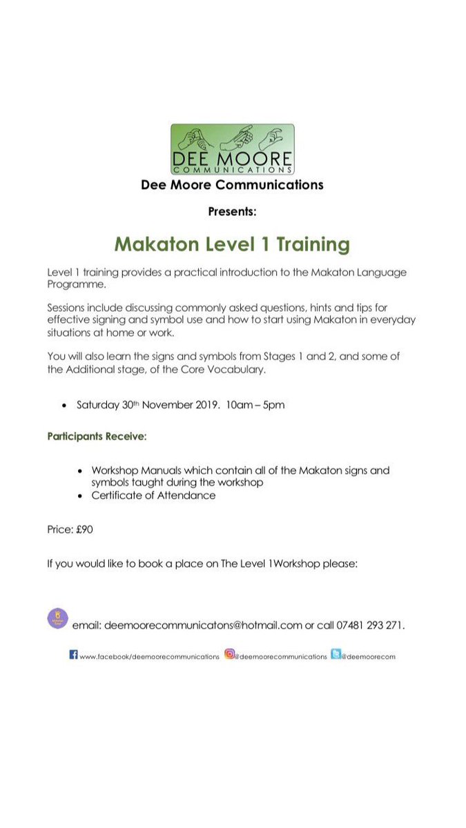 deemoorecom's tweet image. 🌸Looking for Makaton Training?Makaton Level 1 Workshop Saturday 30th November 10am - 5pm Email deemoorecommunications@hotmail.com or call 07481 293271 to book.

#makatontraining #makatonlevel1training #makaton #level1 #training #1day #deemoorecommunications