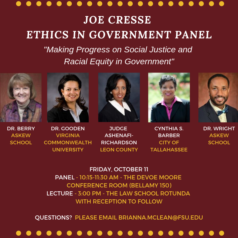 This week!  Join the Askew School for its annual Joe Cresse Ethics in Government Lecture Series!  The day will start with a panel from 10:15-11:30, and then a lecture later in the day from 3-4, with reception to follow.  RSVP to our Facebook event: ow.ly/OAsj50wzyJX
