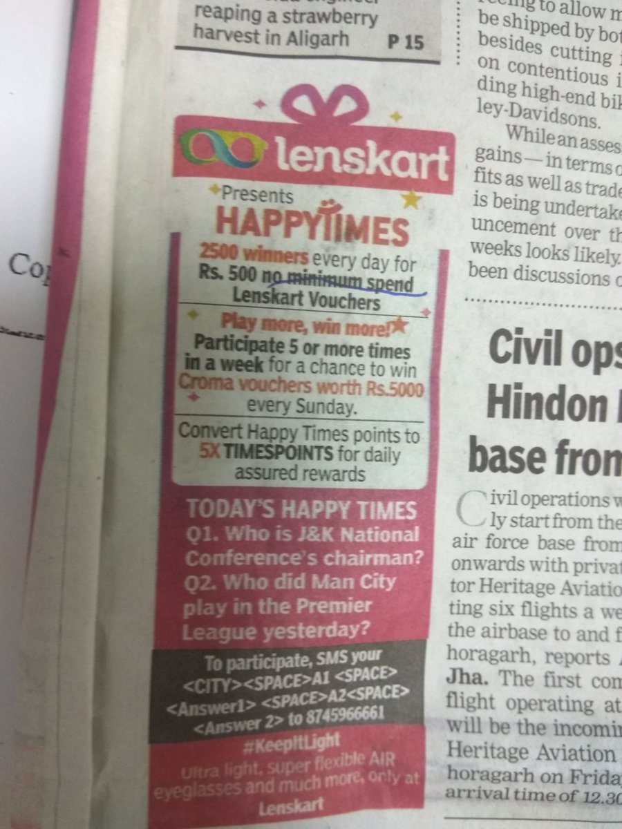 ather_mohd's tweet photo. @toi the HAPPYTIMES is now useless because Lenscart has changed t&amp;c. There should be 800 minimum cart and coupon can't use on eye solutions and accessories. Also lenscart has doubled the cost of all sunglasses so no use of your 500 off coupon. https://t.co/JCyTDz6EWP