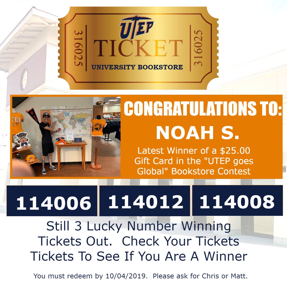UTEPCampusStore's tweet photo. Check your lucky ticket to see if you are a winner of a $25 Gift Card https://t.co/Y5hTE802gk