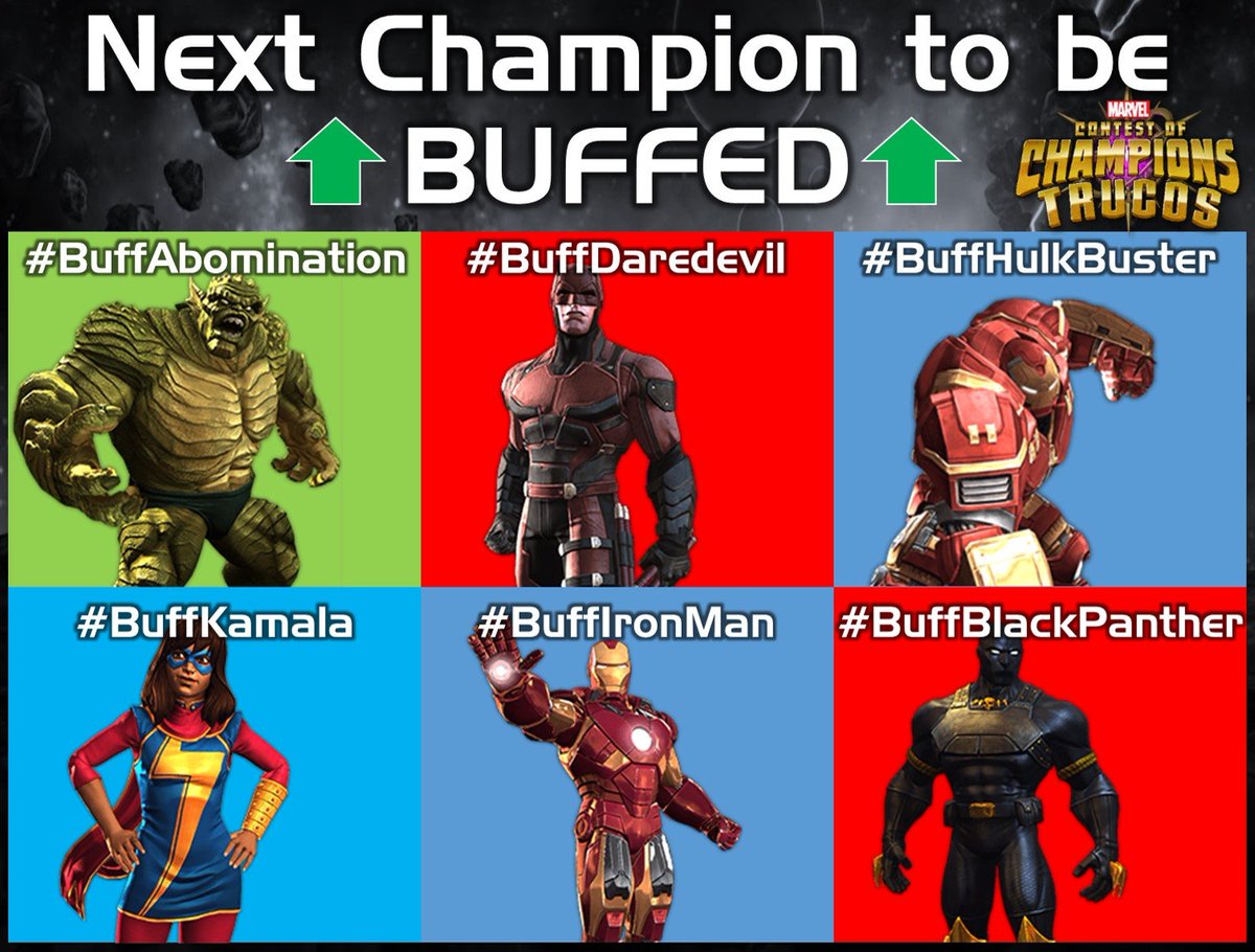 MCoCTrucos's tweet photo. Vote for the next Champion to be buffed THIS Friday, Oct 11th. #marvelgames #mobilegames #marvelcontestofchampions #mcoc https://t.co/C673FTZRJ9