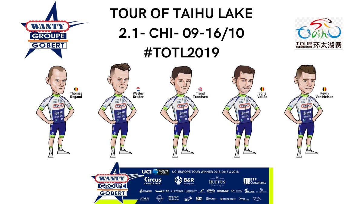 Title defender <a href="/BorisValle3/">Boris Vallée</a> is on his way to 🇨🇳 for the Tour of Taihu Lake with 4⃣ #WGG teammates:

🇧🇪 <a href="/Tom_degand/">Degand Thomas</a> 
🇳🇱 <a href="/wesleykreder/">Stichting Sporthard-t</a> 
🇳🇴 <a href="/TrondHkon/">Trond Håkon Trondsen</a> 
🇧🇪 <a href="/BorisValle3/">Boris Vallée</a> 
🇧🇪 <a href="/kevinvanmelsen/">Kévin van Melsen</a> 

<a href="/taihucycling/">taihucycling</a> #TOTL2019 #RideForAntoine #TeamWGG