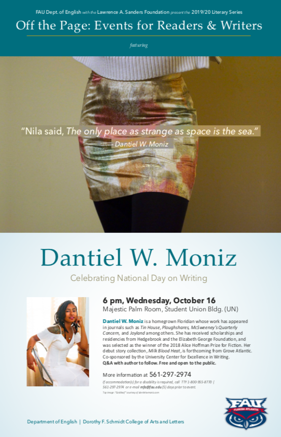 SAVE THE DATE: The FAU English Dept. is hosting an event to celebrate the National Day on Writing on 10/16 at 7 PM in the Majestic Palm Room of the Student Union! ✍️ It is part of the series, "Off the Page: Events for Readers &amp; Writers" and will feature author Dantiel W. Moniz!