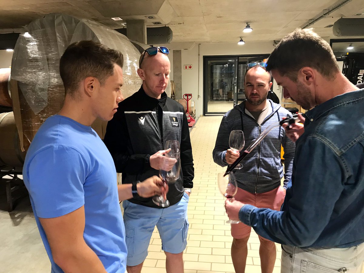ThysLombard's tweet photo. Never thought tasting wines with three rugby referees could be so much fun! Awesome day with @CraigEvans91 @Ian_ifa @mcadamson Tasting from the barrels before we sat down for more....Where were you @RefJK ? https://t.co/z3KQfJ1QFf