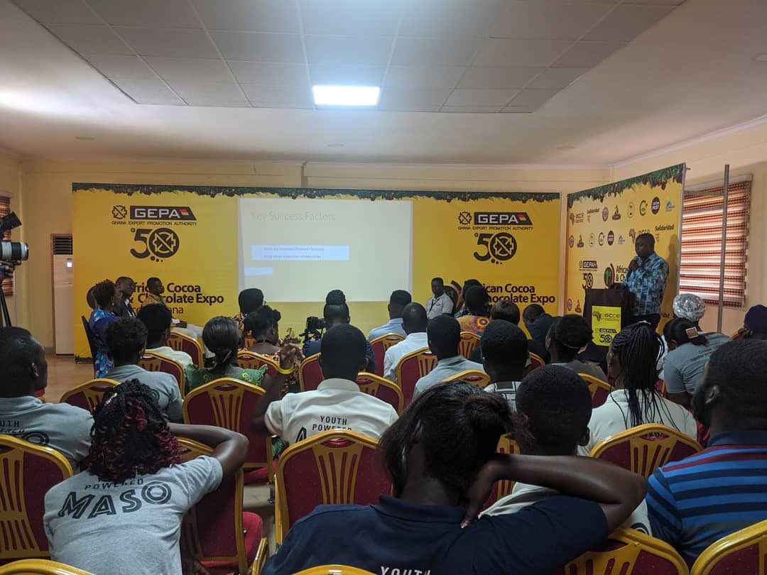Mensahba's tweet photo. Leading discussions at the recent #ACCE2019 panel session on Transforming Ghana's Cocoa Industry: The Role of Young People. https://t.co/Dp98iBRLK5