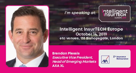 Excited to confirm <a href="/BPlessis2000/">Brendan Plessis</a>, Executive Vice President, Head of Emerging Markets at <a href="/AXA_XL/">AXA XL</a> will be speaking at Intelligent InsurTech Europe 2019! To secure one of the last few remaining passes, register here: intelligentinsurtecheurope.com #IITech19 #Insurance #Insurtech