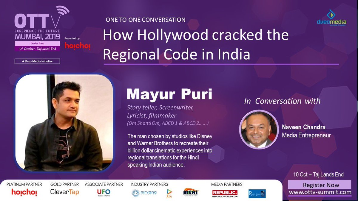 OtSeries2's tweet photo. 10 Oct - Taj Lands End
JOIN Mayur Puri in conversation with Naveen Chandra on How Hollywood cracked the regional Code in India
REGISTER NOW - www,https://t.co/QBXXAmgwuI
#vod #ott #india #bollywood #digitalmedia #movies #entertainment #screenwriters #media #video #blockbuster https://t.co/JXGgNUklDt