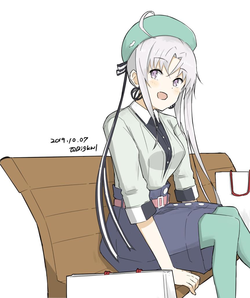 akitsushima (kancolle) 1girl solo long hair white background hat dated sitting  illustration images