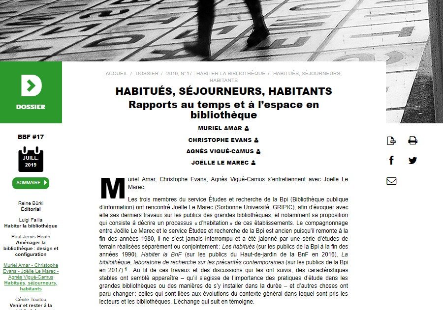 BBFenssib's tweet photo. [Le Dossier]
Habitués, séjourneurs, habitants - Rapports au temps et à l’espace en bibliothèque 
Par Muriel Amar, Christophe Evans, Agnès Vigue-Camus et Joëlle Le Marec @Bpi_Pompidou @CELSA_Officiel
➡ https://t.co/k2pH6Nmnvv 
#bibliothèque #espace #lieu https://t.co/Fj1MYLzhvL
