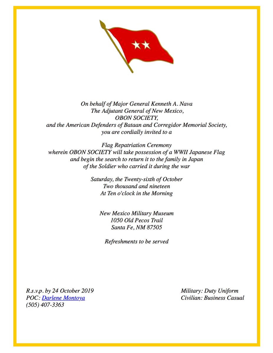 NM_DMA's tweet photo. The @NMAdjutantGen, the @OBONSOCIETY &amp; the @AdbcMemSociety will host a #FLAG Repatriation Ceremony on 26 October 2019 at the #NewMexico #Military #Museum. We invite all #WWII #Veterans, their #families and anyone interested to #JoinUs. #Bataan @BataanMarch #Museums2019 #museums. https://t.co/I2OYrAG8Dp