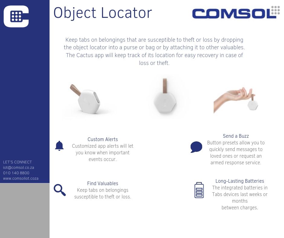 ComsolIot's tweet photo. Keep tabs on the go with Comsol IoT's Object Locator. It is as easy as dropping the Object Locator into a bag or purse or attaching to other valuables.

Like what you see? Let's connect!
#comsoliot #comsol #iot #objectlocator #internetofthings #iotsecurity #iotsouthafrica #tabs https://t.co/J8UQK666yl