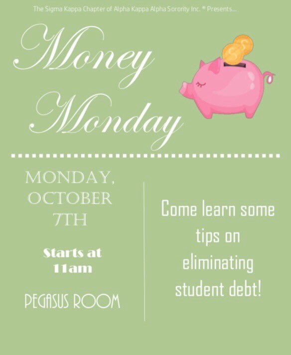 SigmaKappaAKAs's tweet photo. Come check out the events we have planned this week starting today! Learn about tips on eliminating student debt! Today at 11 am in the SU Pegasus Room! 💖💚 https://t.co/JRu7L9rUuH