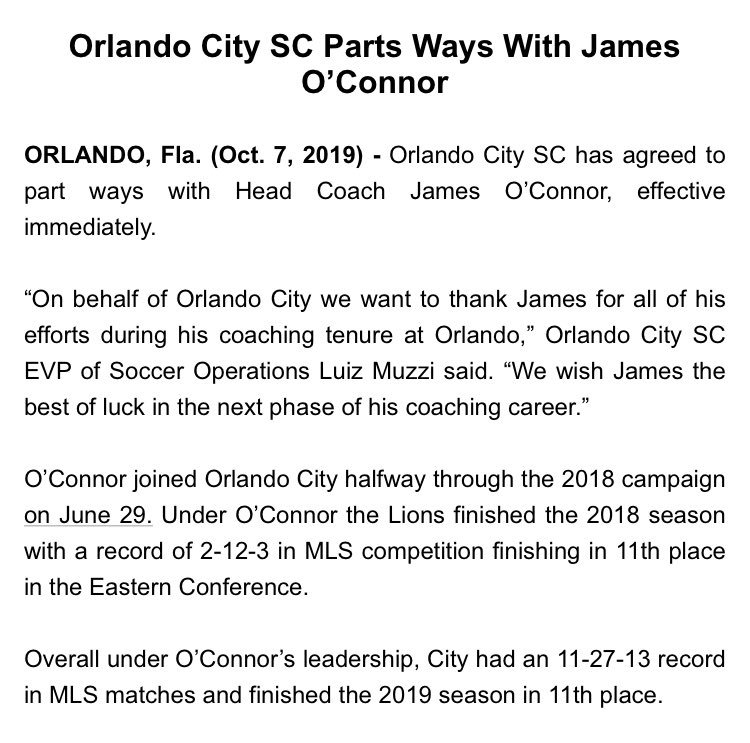 Joe Kepner (@joekepner) on Twitter photo BREAKING: <a href="/OrlandoCitySC/">Orlando City SC</a> announces they are âparting waysâ with head coach James OâConnor after missing playoffs, finishing second to last in Eastern Conference.
#Lions will enter their 6th year in <a href="/MLS/">Major League Soccer</a> with their 4th head coach. BREAKING: <a href="/OrlandoCitySC/">Orlando City SC</a> announces they are âparting waysâ with head coach James OâConnor after missing playoffs, finishing second to last in Eastern Conference.
#Lions will enter their 6th year in <a href="/MLS/">Major League Soccer</a> with their 4th head coach.