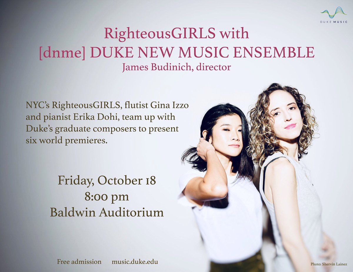 October 18, 8pm ⭐️ <a href="/RighteousGIRLS/">RighteousGIRLS</a> are teaming up with <a href="/DukeU/">Duke University</a> <a href="/dukenewmusic/">dnme</a> to present six world premieres by their graduate composers. If you’re in North Carolina, drop on by 🔥