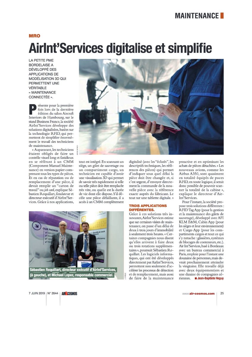 AirIntServices's tweet photo. During this summer, AirInt Services' solutions were presented in the French magazine @AiretCosmos! #CabinMaintenance #DigitalTransformation #Avgeeks https://t.co/wJdqWBU3Gp