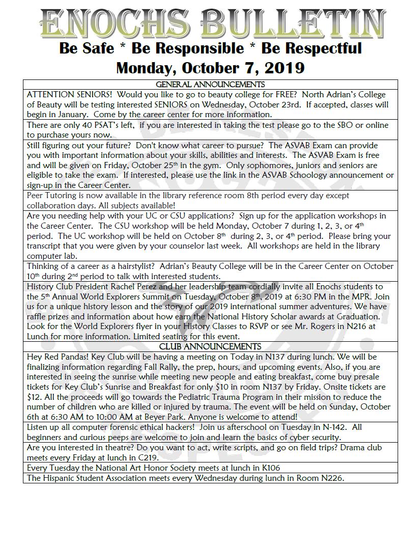 enochsofficial's tweet photo. Monday, October 7, 2019 Bulletin https://t.co/SljTK0Sv0L