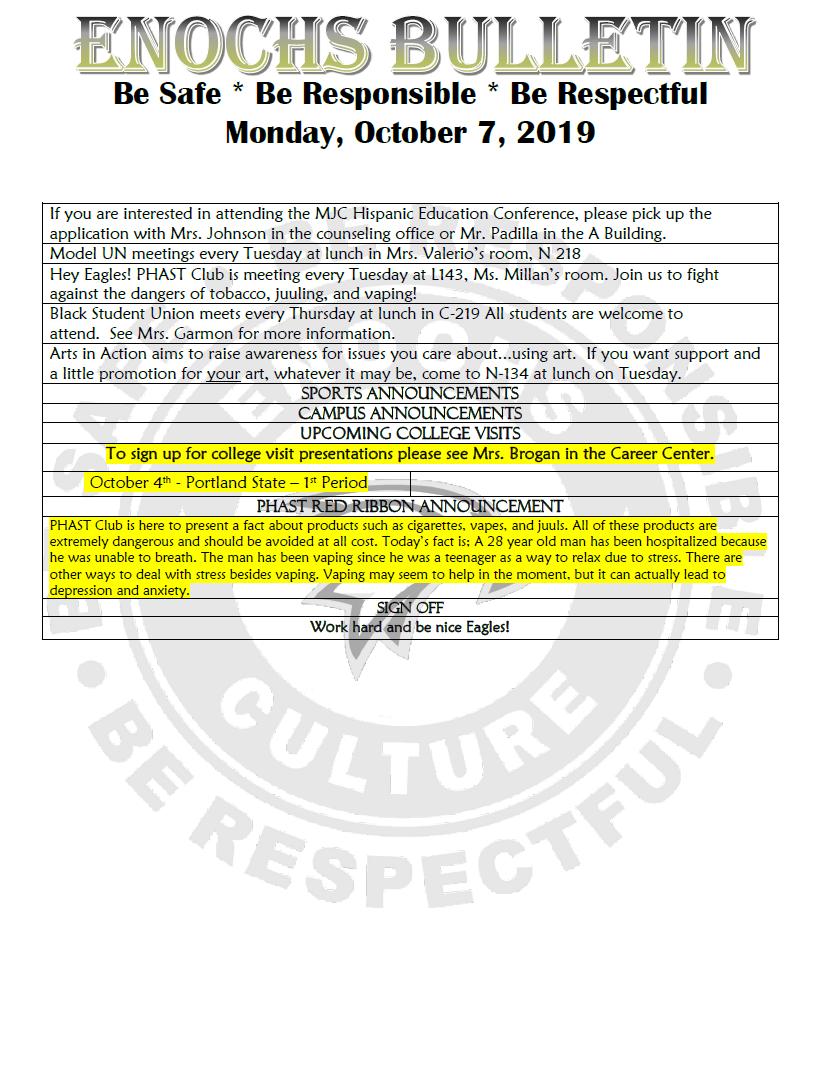 enochsofficial's tweet photo. Monday, October 7, 2019 Bulletin https://t.co/SljTK0Sv0L