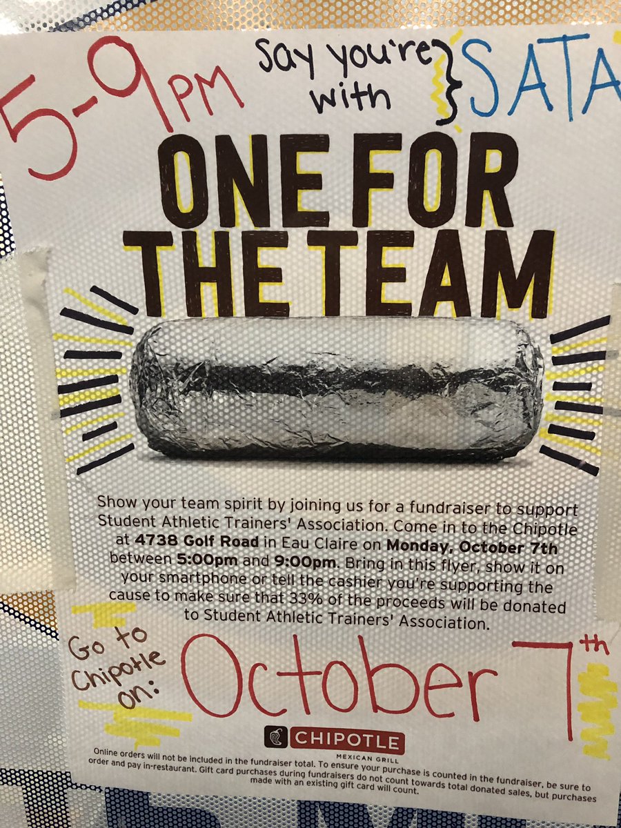 SATA_UWEC's tweet photo. Today is the day!!! Come out to Chipotle tonight with ALL your friends and enjoy some tacos and burritos to support your fellow athletic training students. Make sure you say with your SATA!! Thank you for all of your support 💛💙🌯🌮 https://t.co/yOLKK1uA95