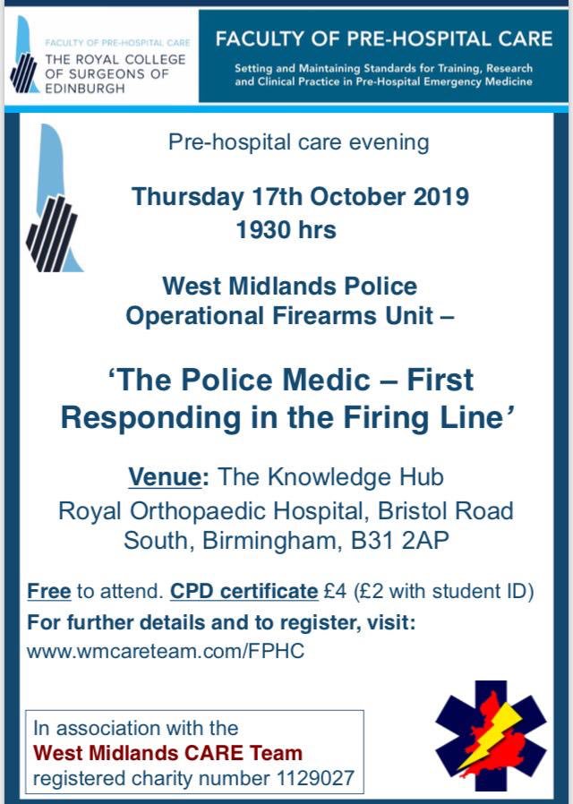 wmcareteam's tweet photo. This months Prehospital Faculty Lecture will be I’m sure an excellent session from @firearmsWMP We are expecting a big turn out again so make sure you book your space in advance as numbers are limited. https://t.co/T0GXr0vj51