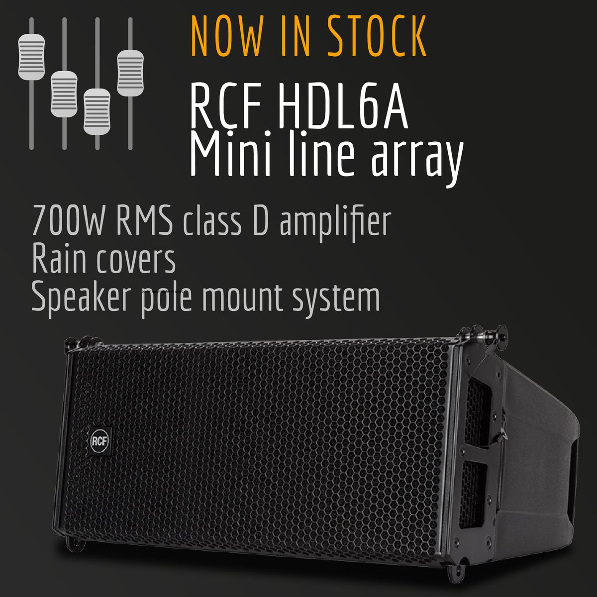 New to our hire stock:  The superb RCF HDL6a mini array modules - small package, huge sound!  Speaker pole mount system and heavy duty crank stands complete the system.  This system perfectly bridges the gap between our RCF ART based  systems and our flagship HDL20a array.