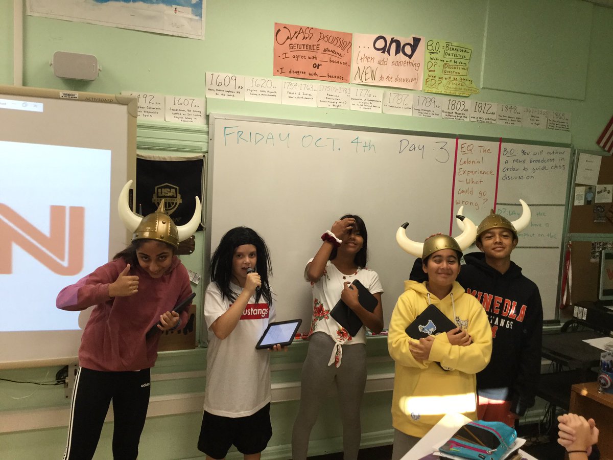 #mineolams 7th grade SS students authoring and performing Viking News Network broadcasts to theorize why the Vikings left North America. #mineolaproud
