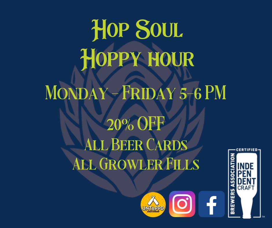HopSoulBrewery's tweet photo. It's Hoppy Hour from 5-6pm tonight, so that means 20% OFF all beer cards and all Growler fills! Hop Soul also has an outdoor patio area that is entirely Pet Friendly! So bring ALL of your pals and have a good brew. Ask the front counter for a water bowl for your pets too! https://t.co/kLdYABw80M