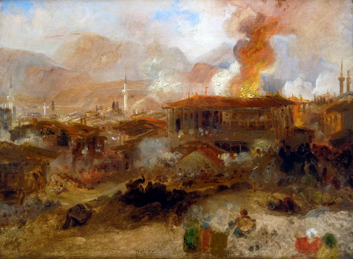 Bunu herhalde zincirin en başına koymalıydım: Romantizm akımının en önemli peyzaj ressamı Joseph Mallord William Turner'dan "İstanbul'da Yangın" tablosu, 19.yy başı.