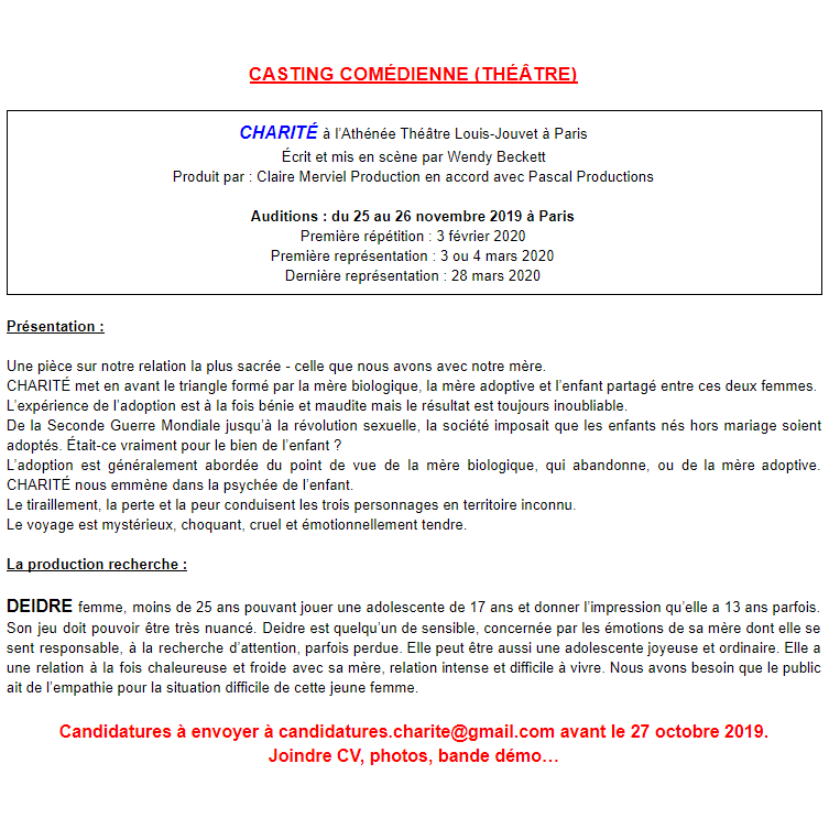 CMervielProd's tweet photo. 🔴 Casting !
Pour la prochaine création de Wendy Beckett, nous sommes à la recherche d'une jeune comédienne.
Toutes les informations ci-dessous 👇
Candidatures à envoyer exclusivement à candidatures.charite@gmail.com avant le 27 octobre. https://t.co/PjNKjVWNj4