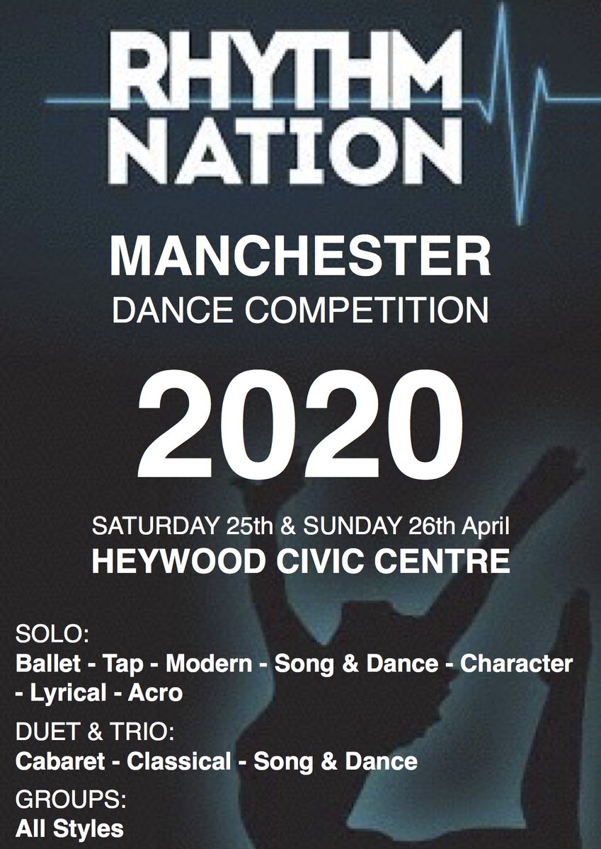 RhythmNationGB's tweet photo. ⭐️ Manchester Dance Competition ⭐️
25th &amp; 26th April 2020
Solo - Duets - Trios - Groups
Closing date for entries is 28th February 2020
For all enquires please email 📧 info@rhythmnationevents.co.uk
#rhythmnationevents https://t.co/OojcDybCuR