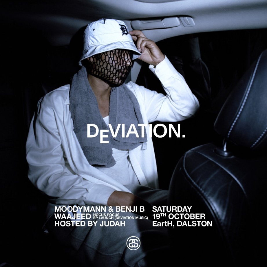 .<a href="/Moodymann313/">Moodymann</a> joins <a href="/TheRealBenjiB/">Benji B</a> &amp; <a href="/Waajeed_/">Waajeed</a> for Deviation at <a href="/earthackney/">EartH</a>, hosted by <a href="/Judahlos/">judahlos afriyie</a>

Saturday 19 October. Tickets: residentadvisor.net/events/1319287