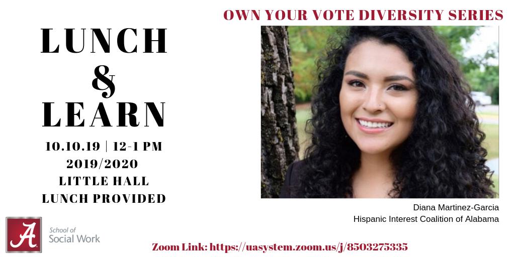 This Thursday: Hear Diana Martinez-Garcia, youth/education organizer for @HICATweets, discuss how they advocate to empower an undeserved community to vote. #UASSW #OWNYOURVOTEUA

Series info: ua.edu/news/2019/09/u…

Zoom link: uasystem.zoom.us/j/8503275335