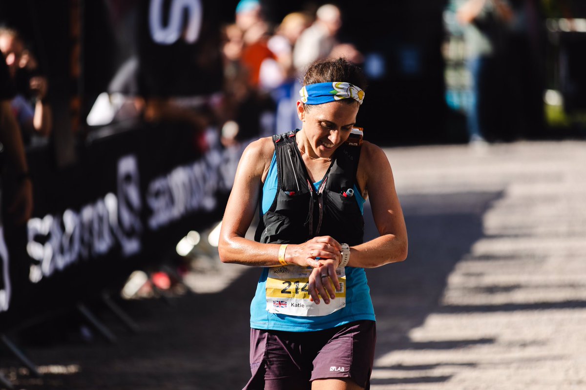 Strava or it didn’t happen?  <a href="/katieboden4/">Katie Kaars Sijpesteijn</a> saving that run on her watch as she crosses the line for first place at the @BenNevisUltra ⌚️ two hours between her and second 😦 #bennevisultra #trailrunning #scotland