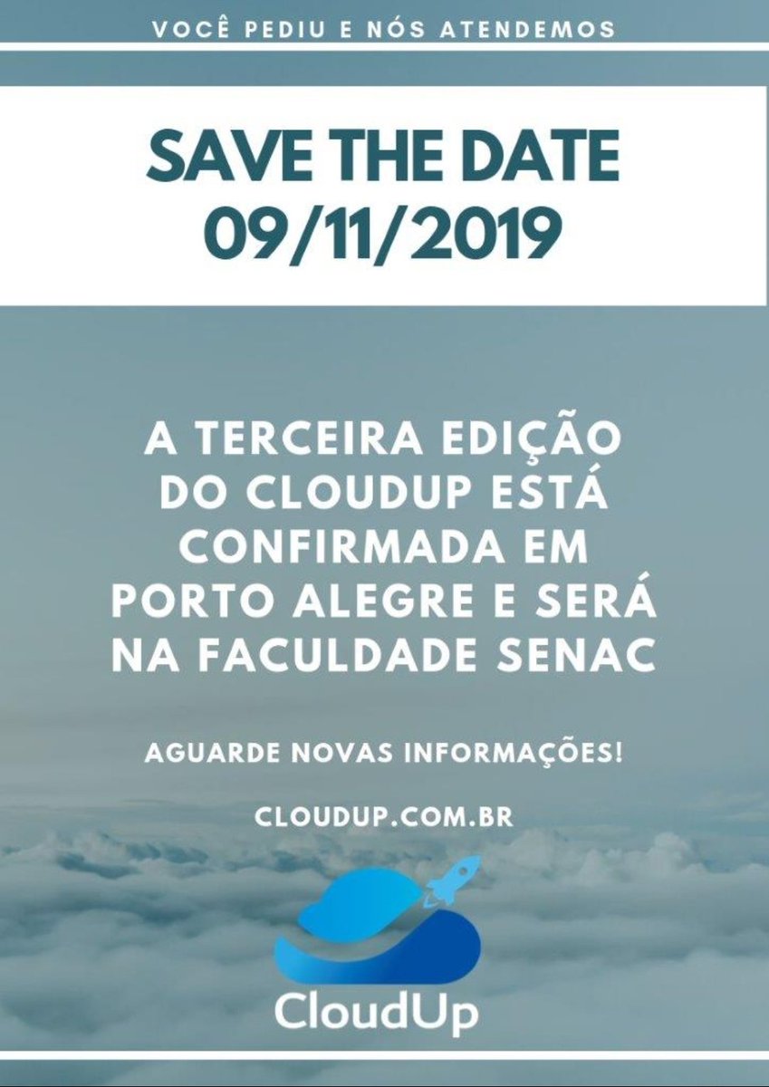 Você pediu e nós atendemos, Porto Alegre receberá a terceira edição do CloudUp! SAVE THE DATE!
ATENÇÃO: O Call4Papers está oficialmente aberto!
Envie sua palestra em cloudup.com.br/call4papers