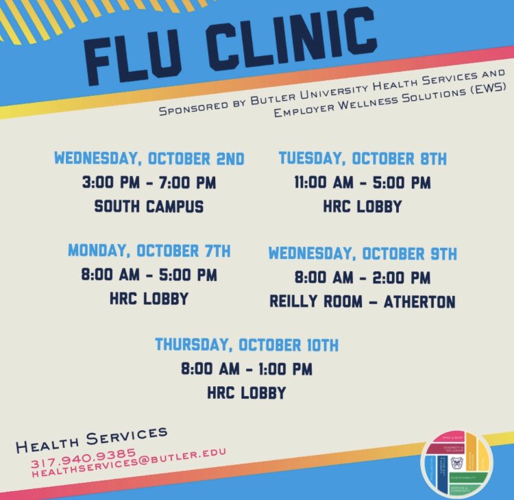 butlerHRC's tweet photo. Don’t forget to get your flu shot this week at the HRC. The flu clinic will be open today, Tuesday, and Thursday! #BUBeWell #BUFightsFlu https://t.co/CVdCpLSYY9