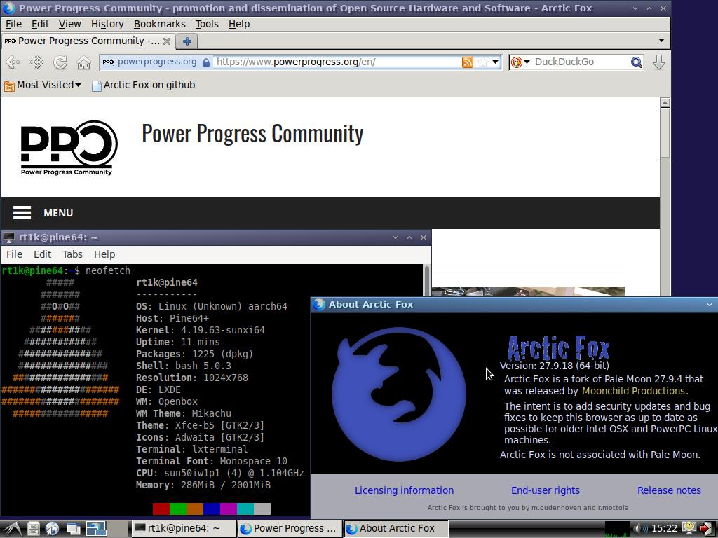 rt1k's tweet photo. #arcticfox 27.9.18 (64bit) working just fine on @thepine64 board powered by @armbian. Almost ready @PowerProgressCo experimental #aarch64 #debian software repository. https://t.co/5PhDskkaNQ