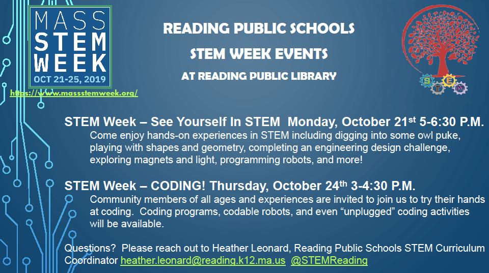 STEMReading's tweet photo. So excited to share - @ReadingSchools received a grant &amp; will be participating in the @Mass_STEMHub Stem Week events.  Free and open to all in the Reading community!  #MASTEMWeek   Check out other events offered around the state: https://t.co/74Lc3TEnru https://t.co/GlWF2cuorL