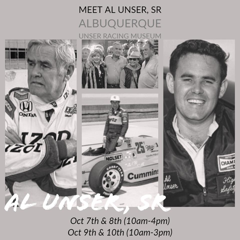 After the #balloons come down stop by the #UnserRacingMuseum to meet the legendary, 4 time winning, #AlUnserSr.  He will be available from 10am - 4pm. 
#albuquerque #racinglegend #newmexico #newmexicotrue #abqtodo  #balloonfiesta #balloonfiesta2019 #albuquerqueballoonfiesta